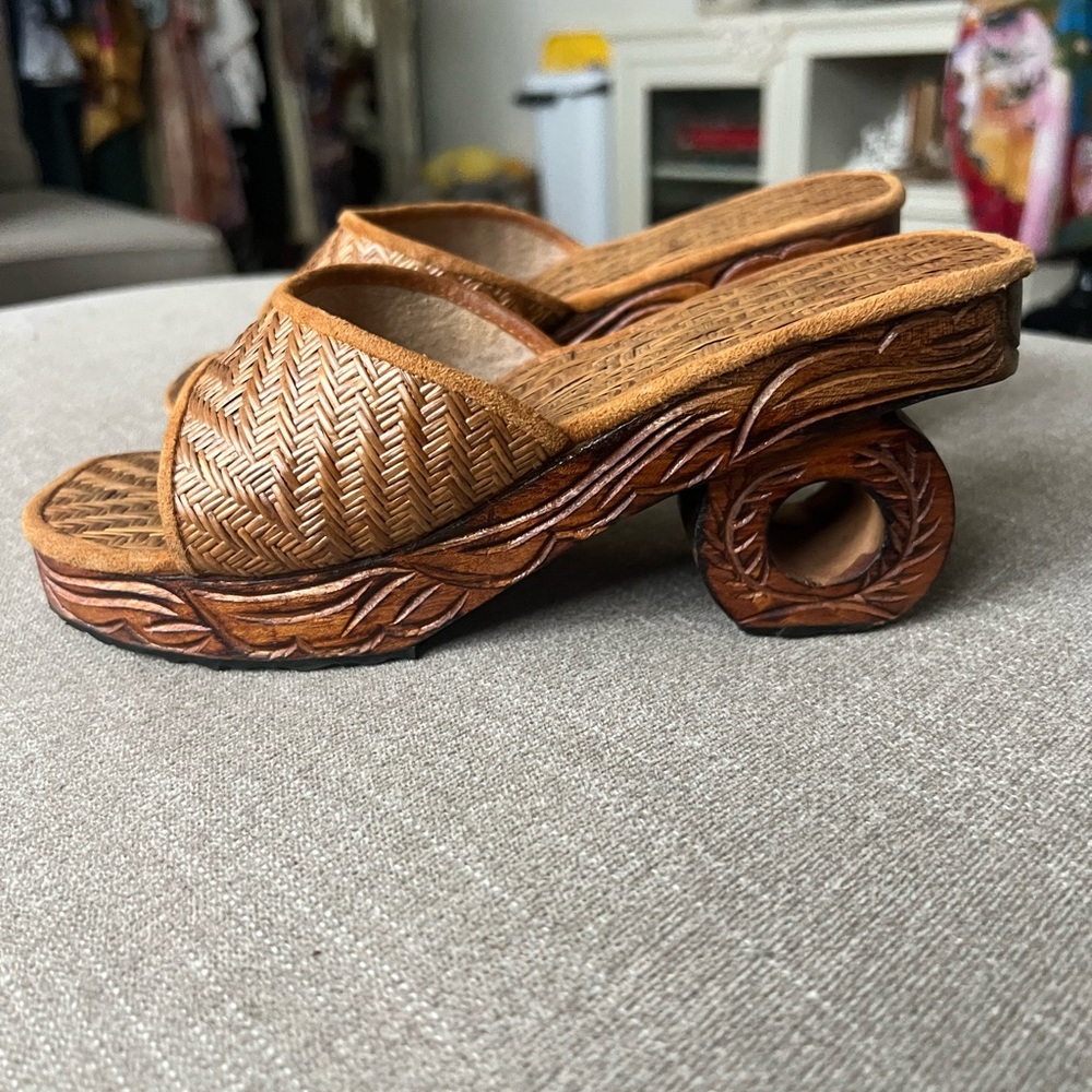 Indonesian Carved Wood Heeled Sandal